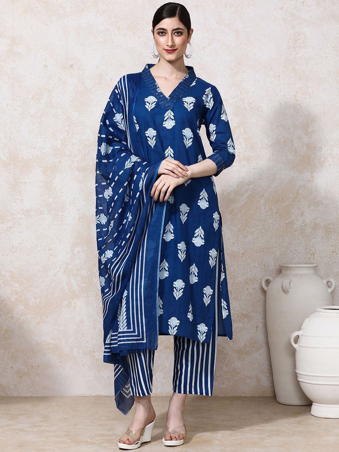 Moara Women Floral Printed Sequinned Pure Cotton Kurta with Trousers & Dupatta-picture-25