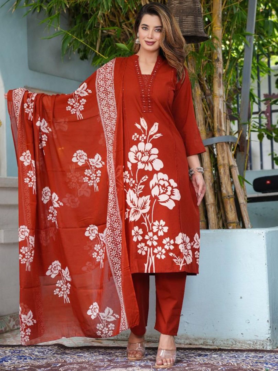 KALINI Floral Printed Mandarin Collar Thread Work Pure Cotton Kurta With Trouser & Dupatta-picture-31