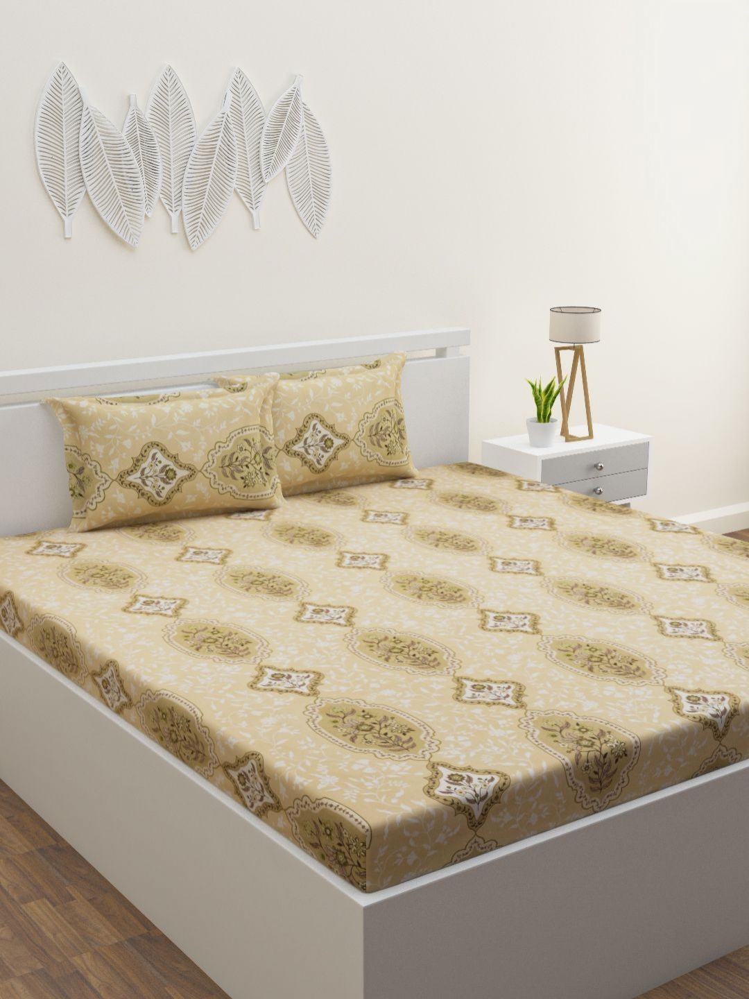 HOME AFFAIRS Tan & Brown Floral 120 TC Queen Bedsheet with 2 Pillow Covers-picture-45