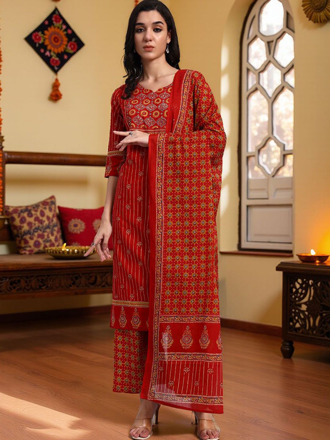 Pannkh Floral Printed Notch Neck Pure Cotton Straight Kurta With Trousers & Dupatta