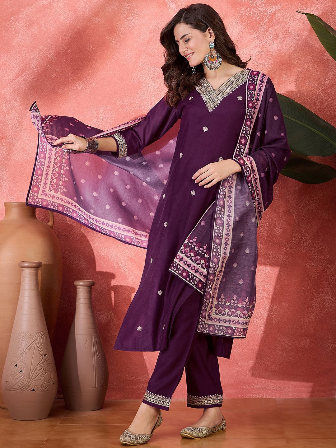 Sangria Floral Embroidered V-Neck Straight Kurta With Trouser And Dupatta