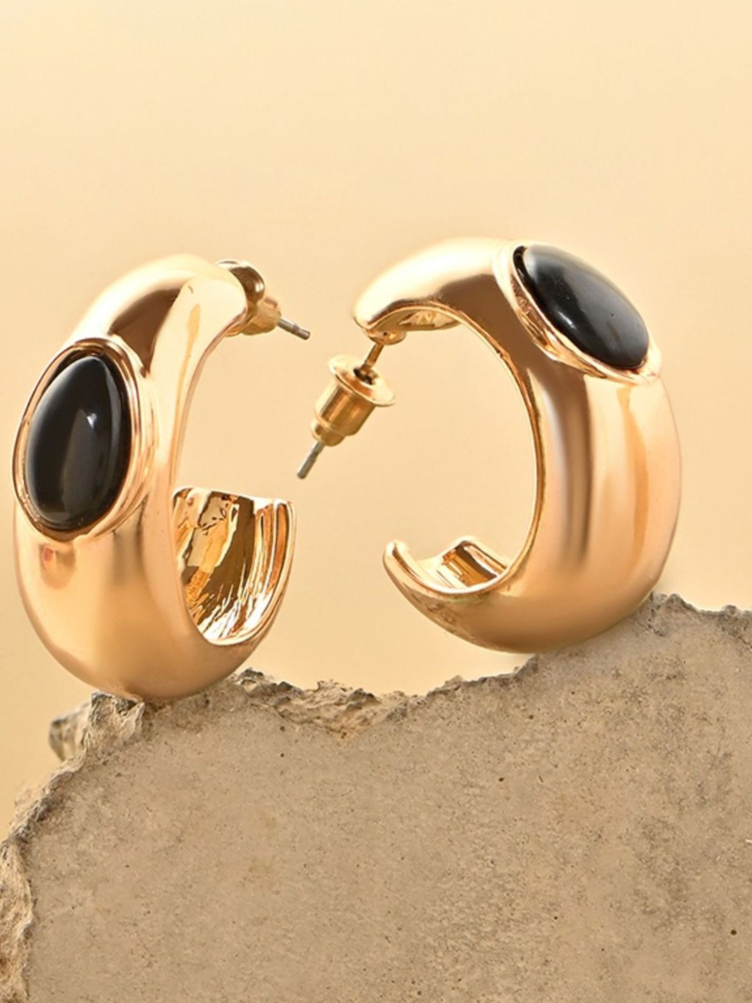 ToniQ Gold Plated Artificial Stones Studded Contemporary Half Hoop Earrings-picture-19