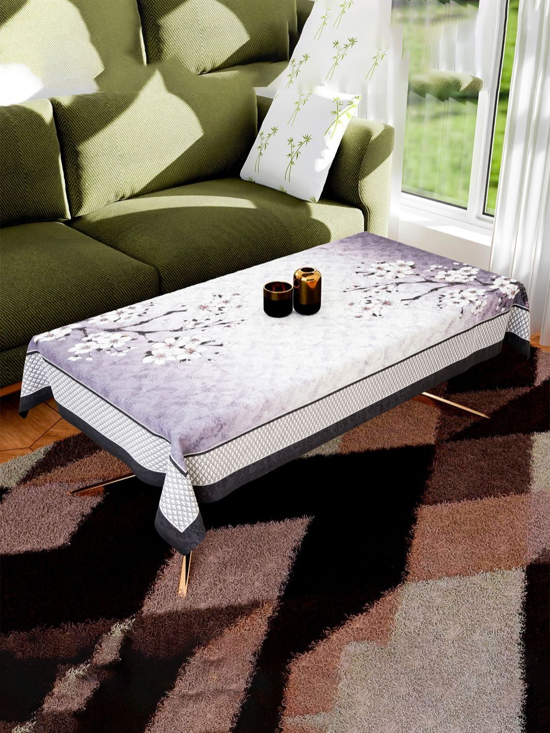 Aura Grey & White Floral Printed Anti-Skid Cotton 4-Seater Table Cover-picture-14