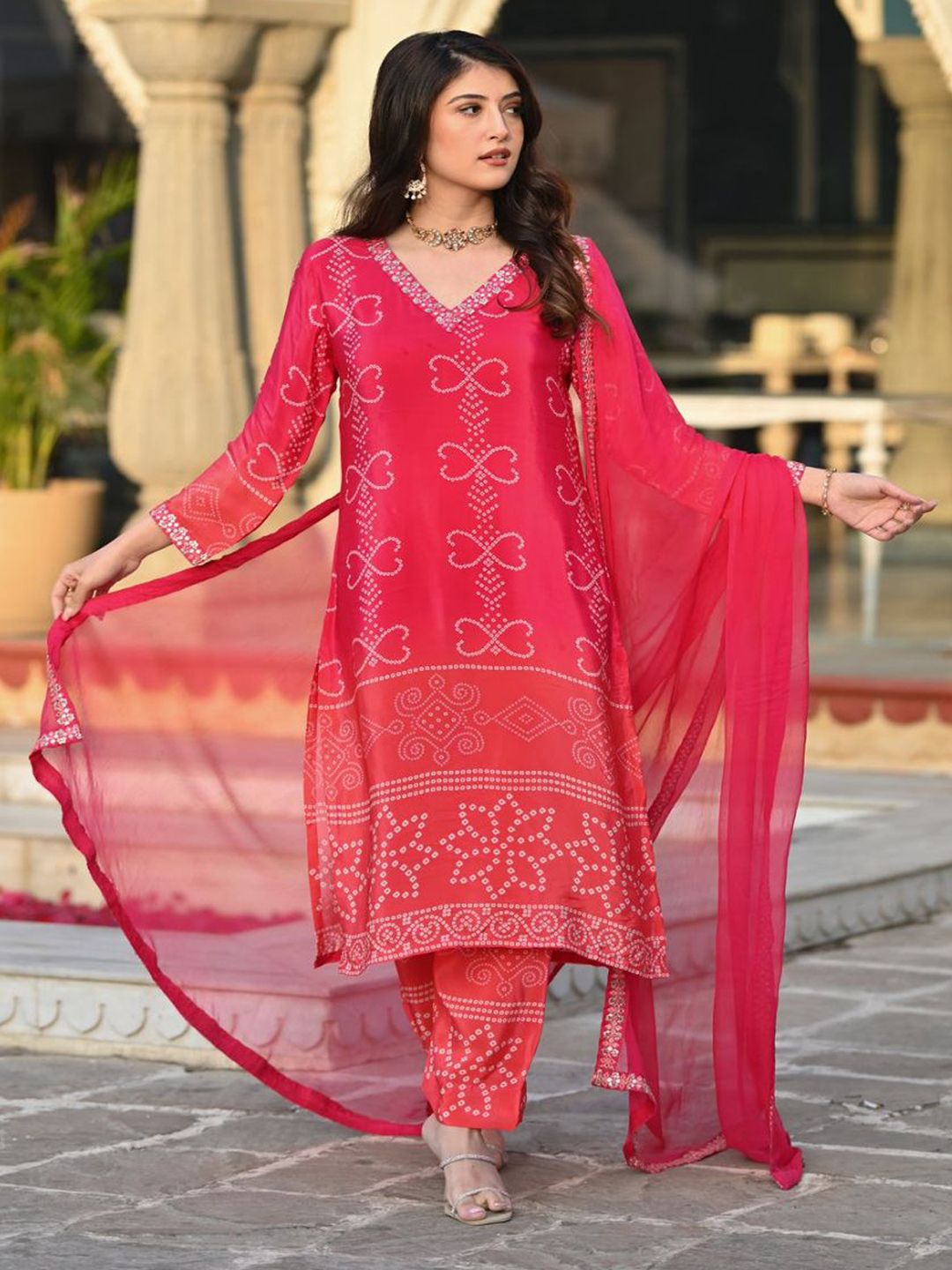 KALINI Women Bandhani Embroidered Regular Mirror Work Kurta & Trousers With Dupatta