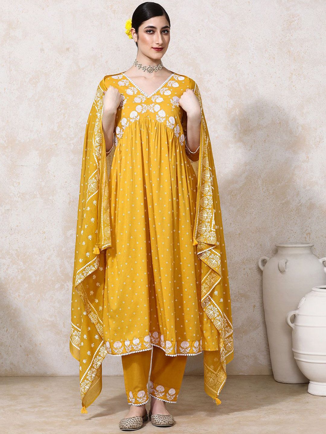 Moara Floral Embroidered A-Line Cotton Kurta & Trouser With Dupatta