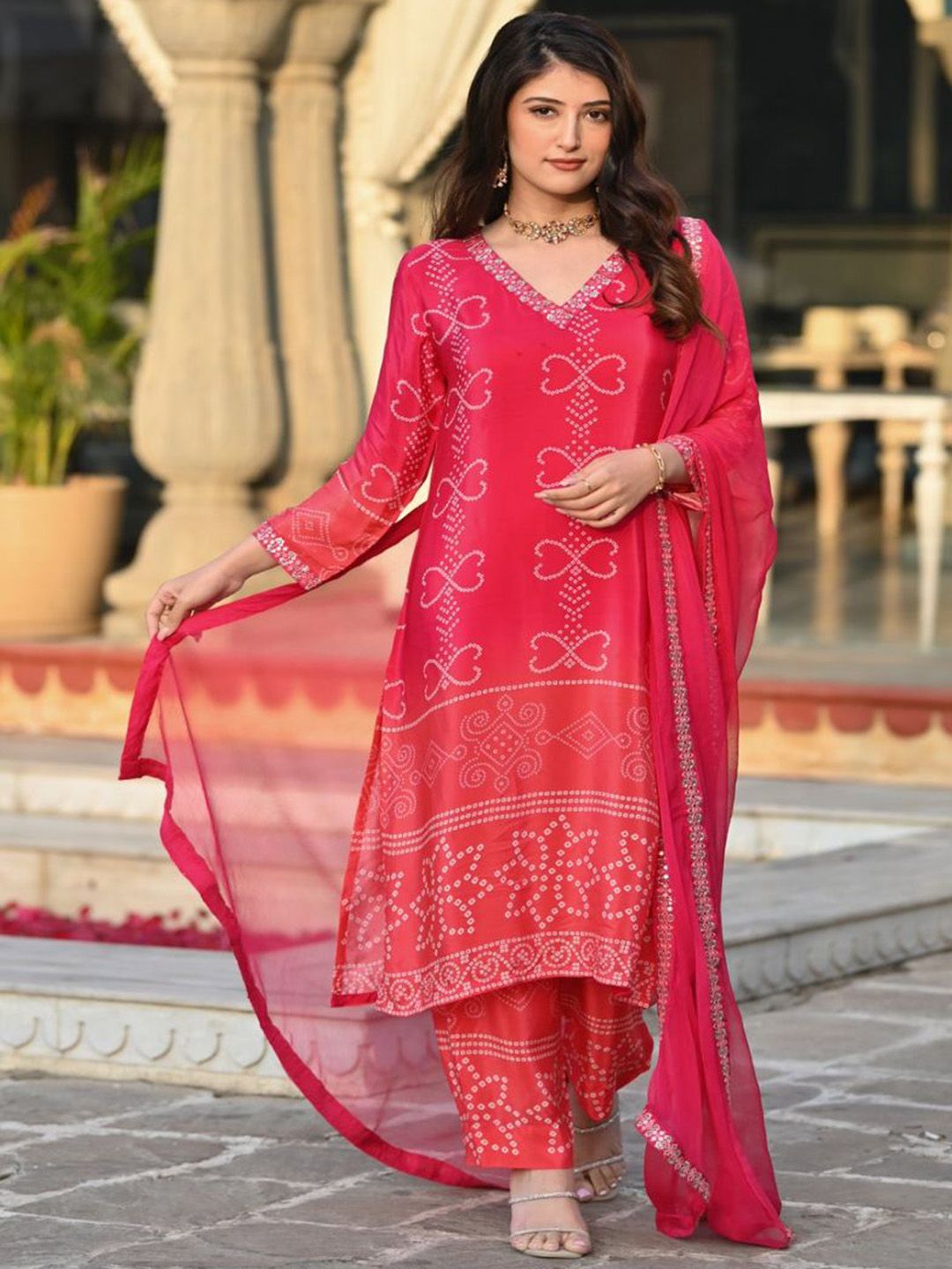 JAPNAAM Bandhani Printed V-Neck Chinon Silk Straight Kurta With Trousers & Dupatta