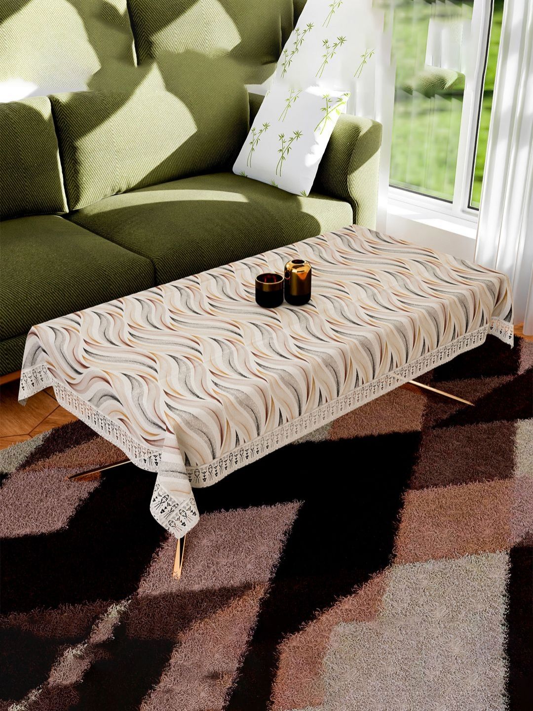 Aura Cream-Coloured & Brown Floral Printed Anti-Skid Cotton 4-Seater Table Cover-image-47