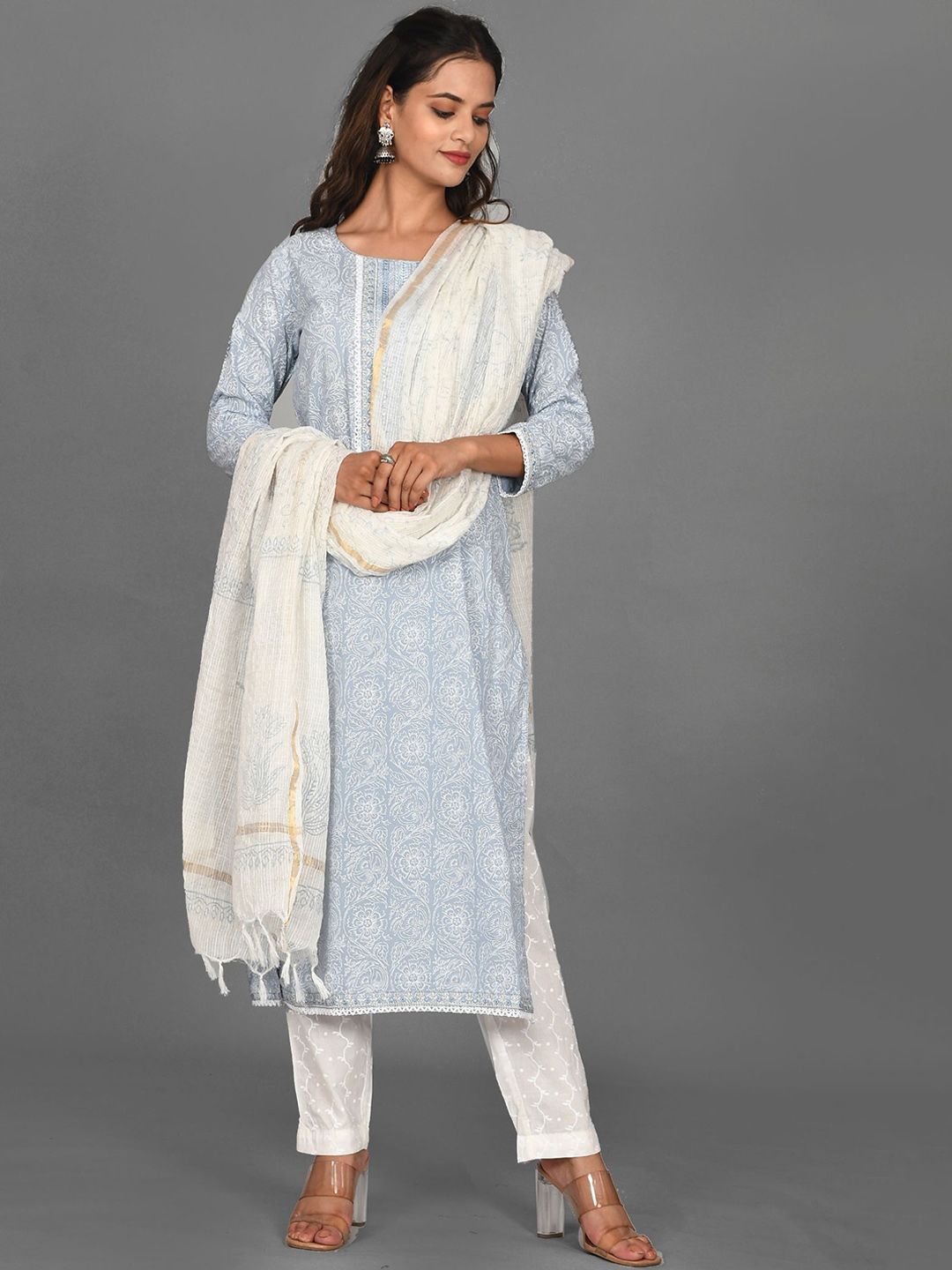 BAESD Floral Printed Round Neck Thread Work Pure Cotton Kurta With Trousers & Dupatta
