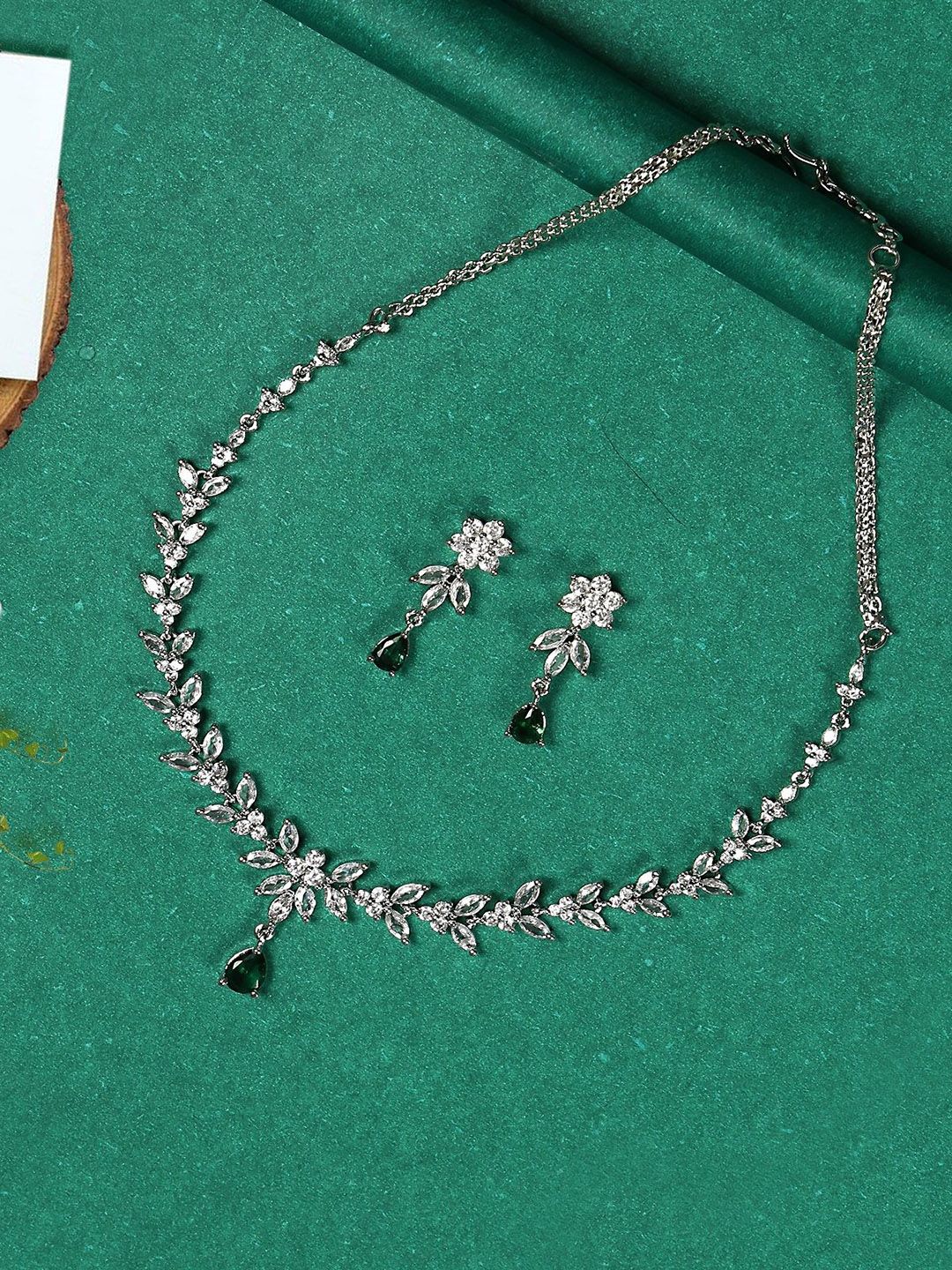 Gemron Jewel Rhodium-Plated Cubic Zirconia & American Diamond Studded Jewellery Set-picture-28