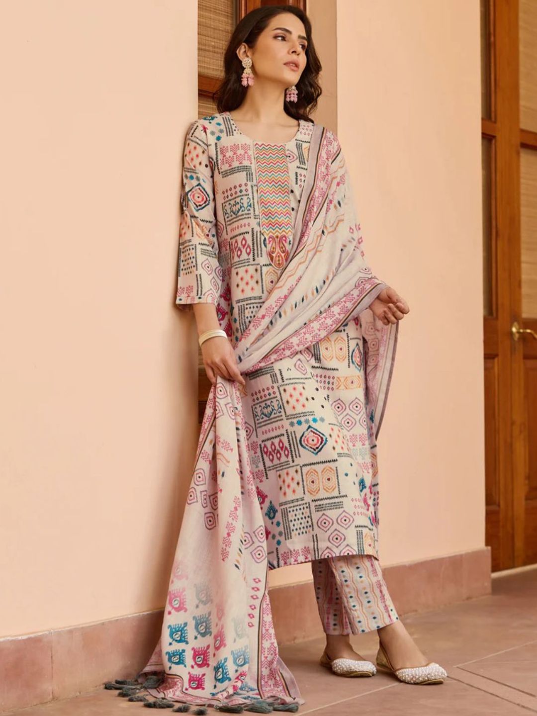 JAPNAAM Ethnic Motifs Printed Round Neck Pure Cotton Straight Kurta With Trouser & Dupatta