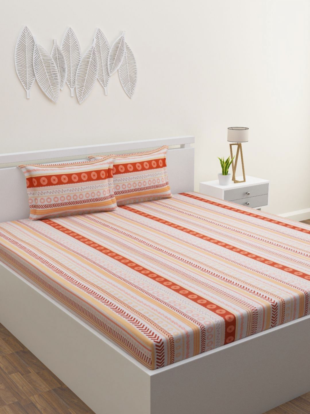 HOME AFFAIRS Orange & Red Striped 120 TC Queen Bedsheet with 2 Pillow Covers-image-22