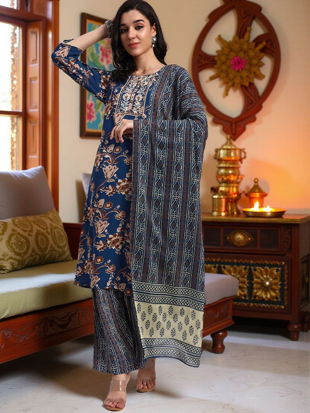 Pannkh Floral Printed Round Mirror Work Straight Kurta With Trousers & Dupatta
