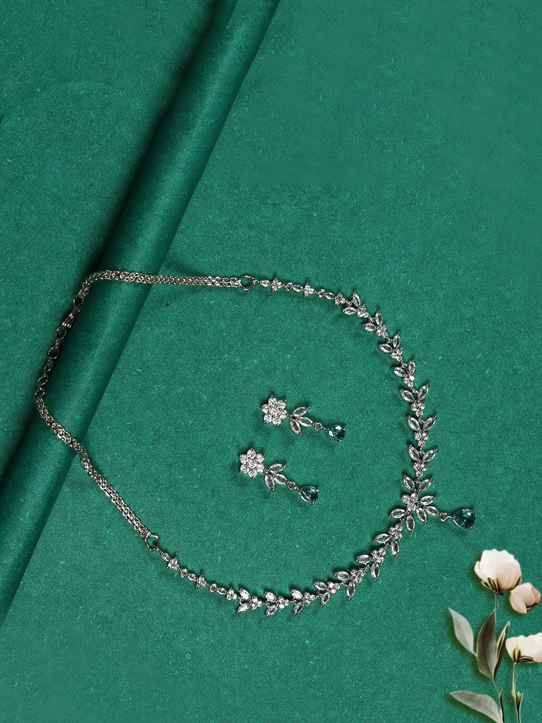 Gemron Jewel Rhodium-Plated Cubic Zirconia & American Diamond Studded Jewellery Set-picture-27