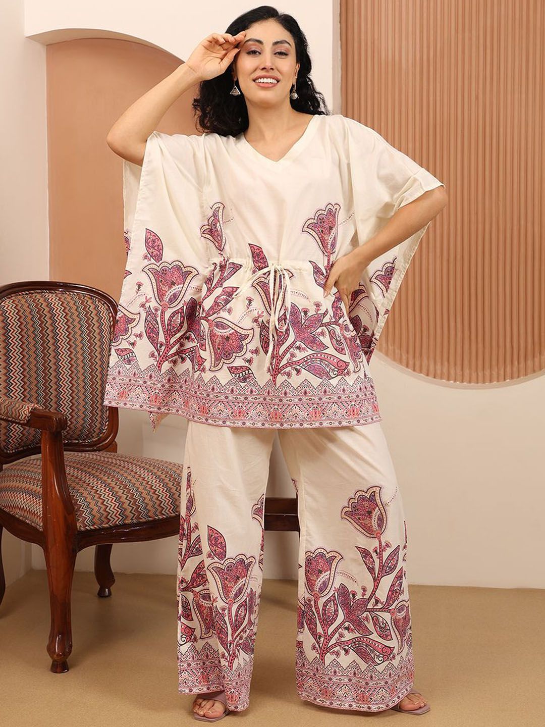House Of Attire Printed Pure Cotton V-Neck Half Sleeves Tunic With Trouser Co-Ords-picture-16