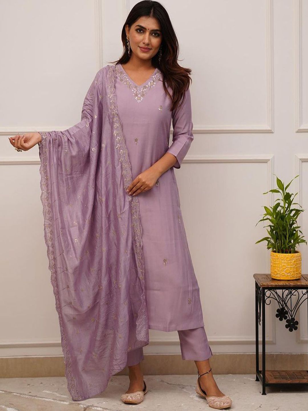 KALINI Floral Embroidered V-Neck Thread Work Chanderi Silk Kurta With Trousers & Dupatta