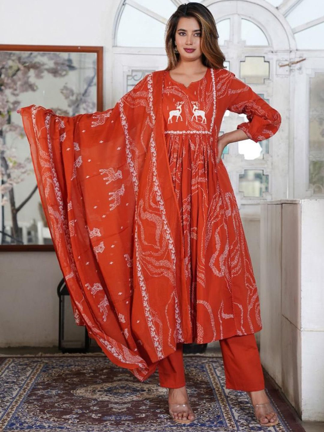 KALINI Abstract Printed Notch Neck Thread Work Pure Cotton Kurta With Trousers & Dupatta