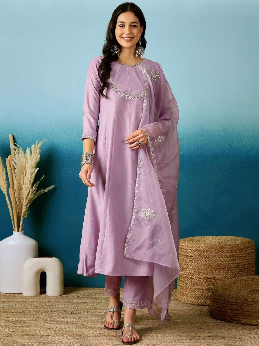 KALINI Women Embroidered Regular Thread Work Kurta with Trousers & With Dupatta