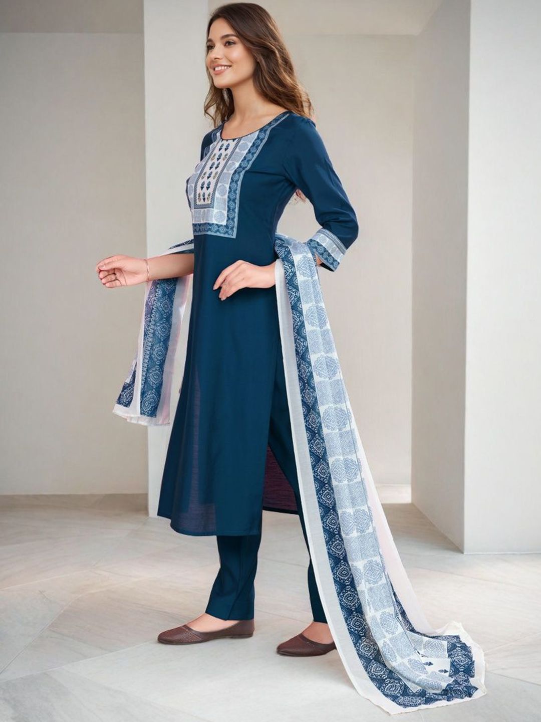 SZN Women Ethnic Motifs Printed Beads and Stones Kurta with Trousers & Dupatta