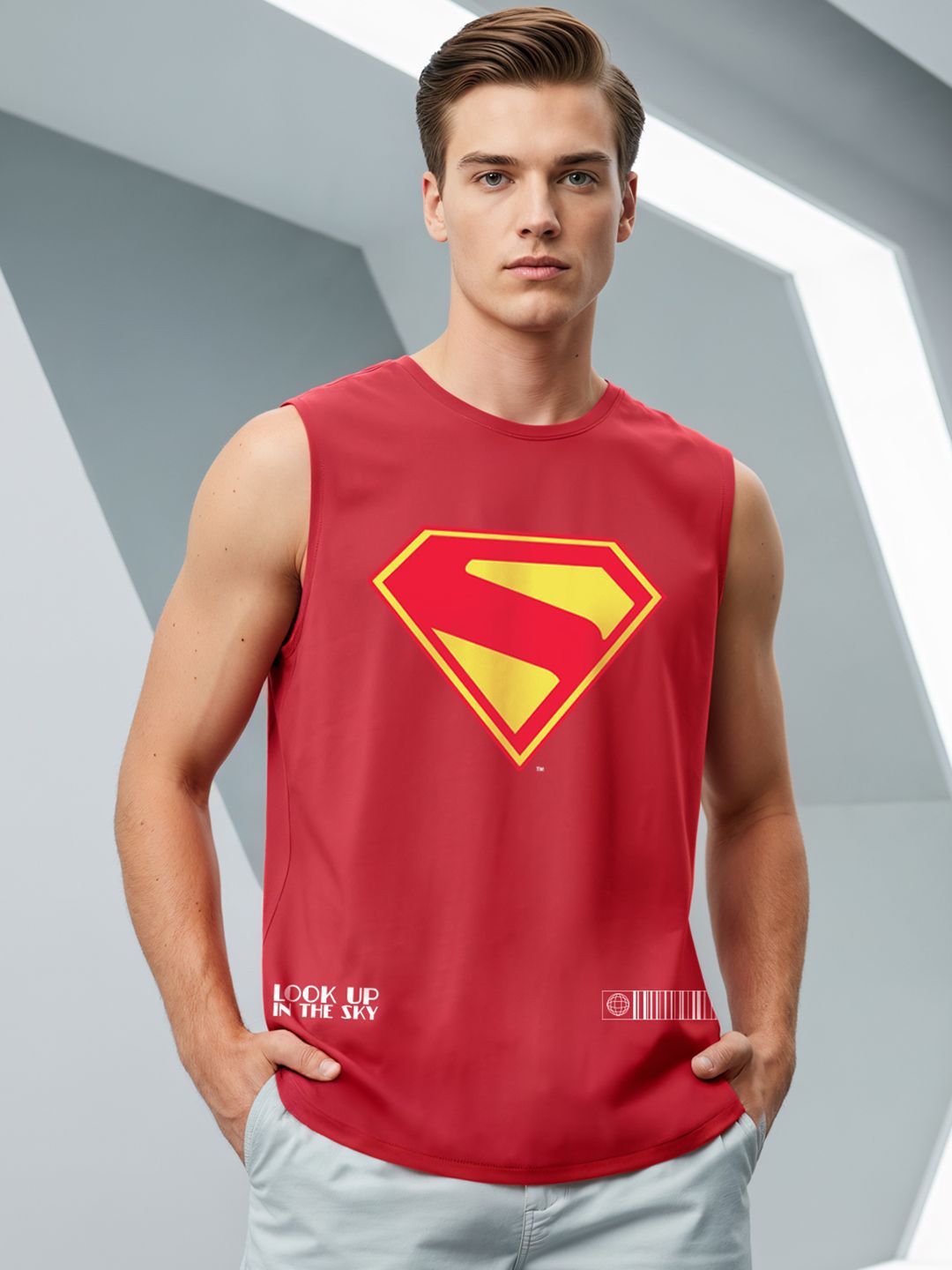 Bewakoof Official DC Merchandise Superman Logo Graphic Printed Boxy Fit Gym Vest-picture-23