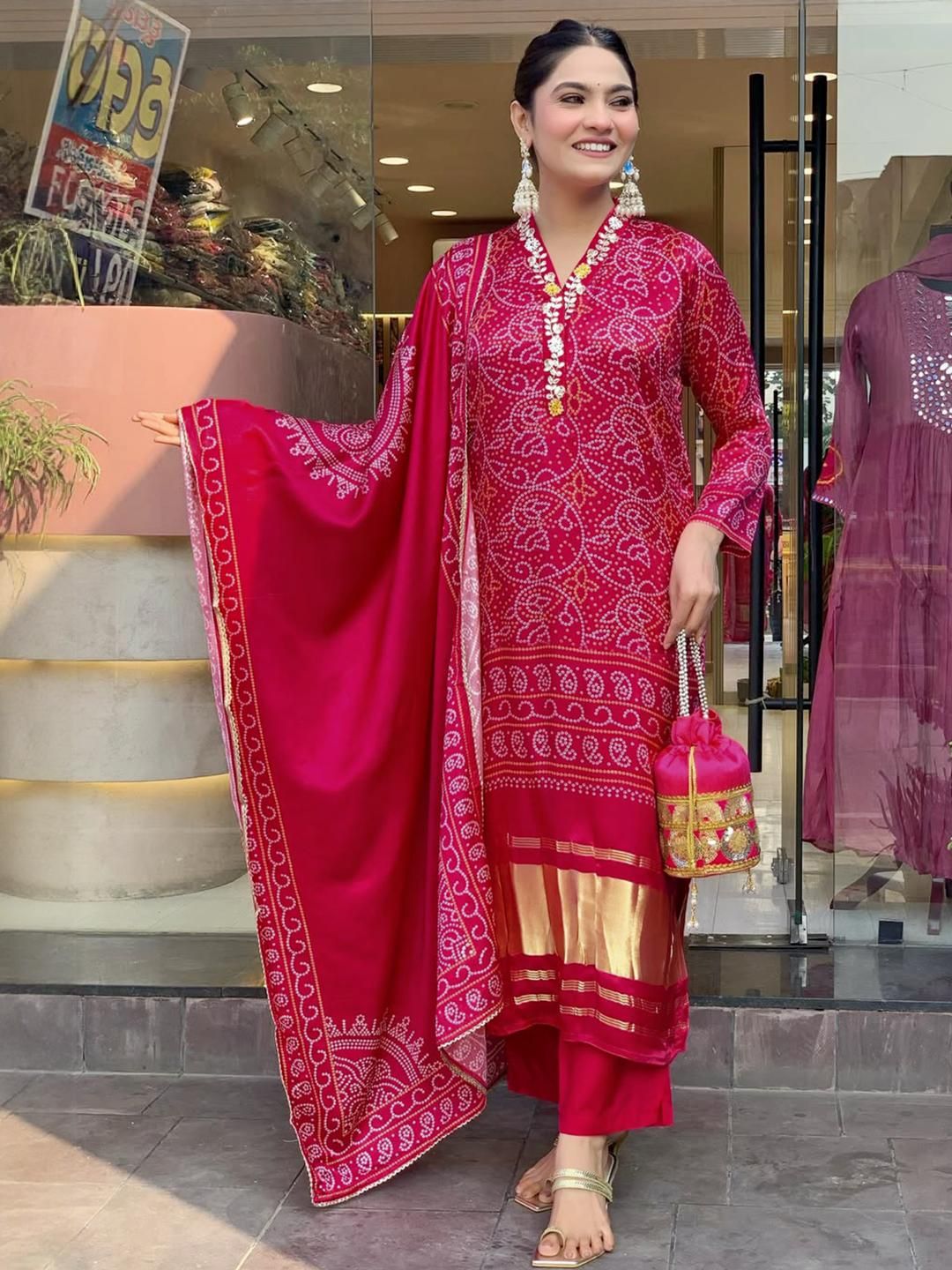 URMIR FASHION Women Red Ethnic Motifs Printed Pleated Kurta with Trousers & Dupatta