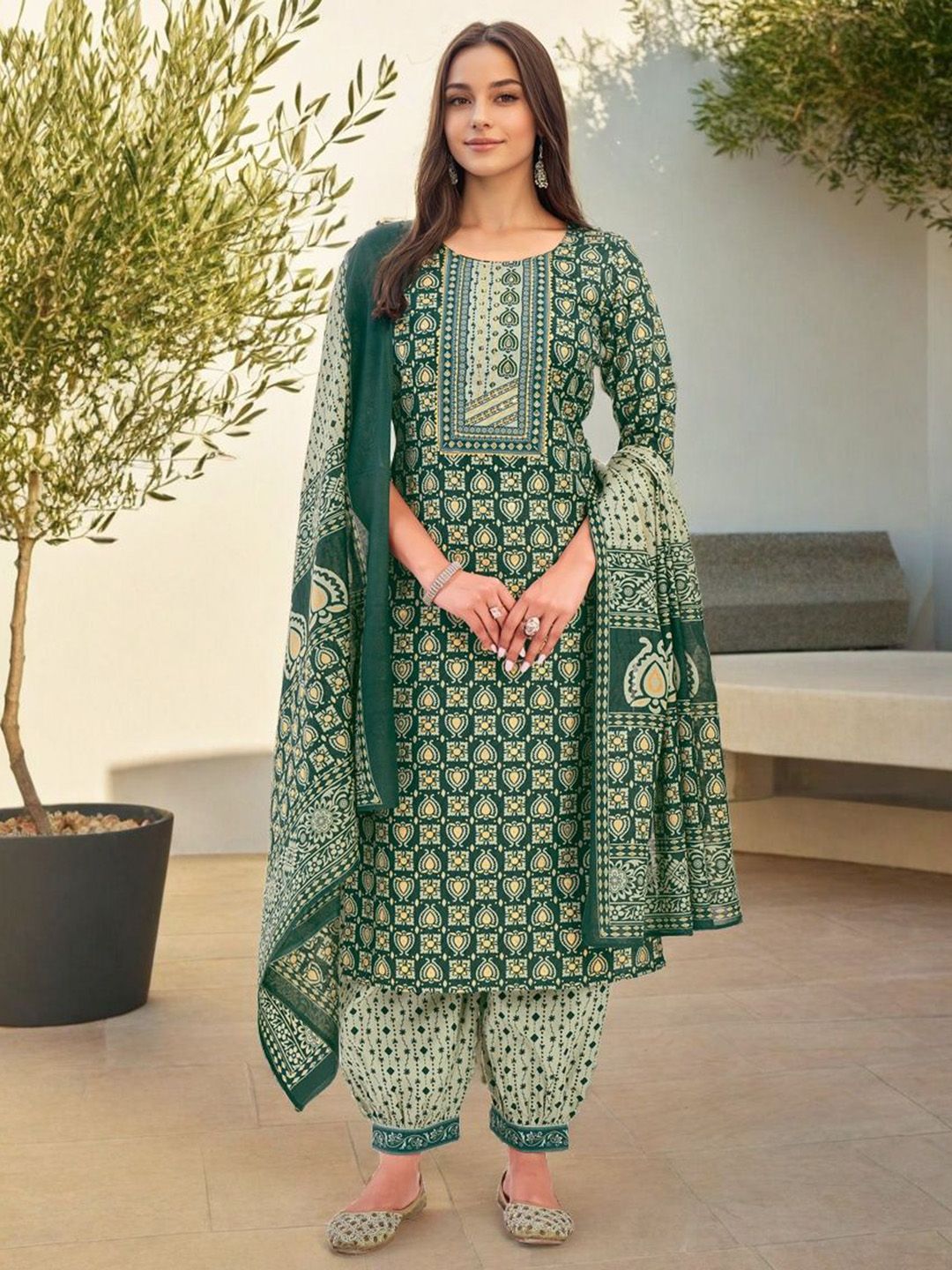 SZN Geometric Printed Pure Cotton Straight Kurta With Salwar And Dupatta