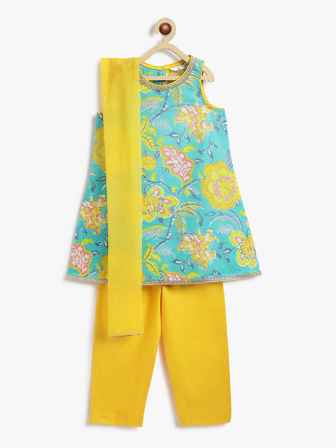 Campana Girls Floral Printed Round Neck Pure Cotton A-Line Kurta with Trouser & Dupatta-picture-17