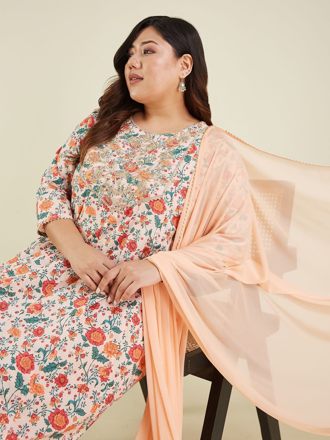 Janasya Women Plus Size Floral Printed Pure Cotton Kurta with Trouser & Dupatta-image-40