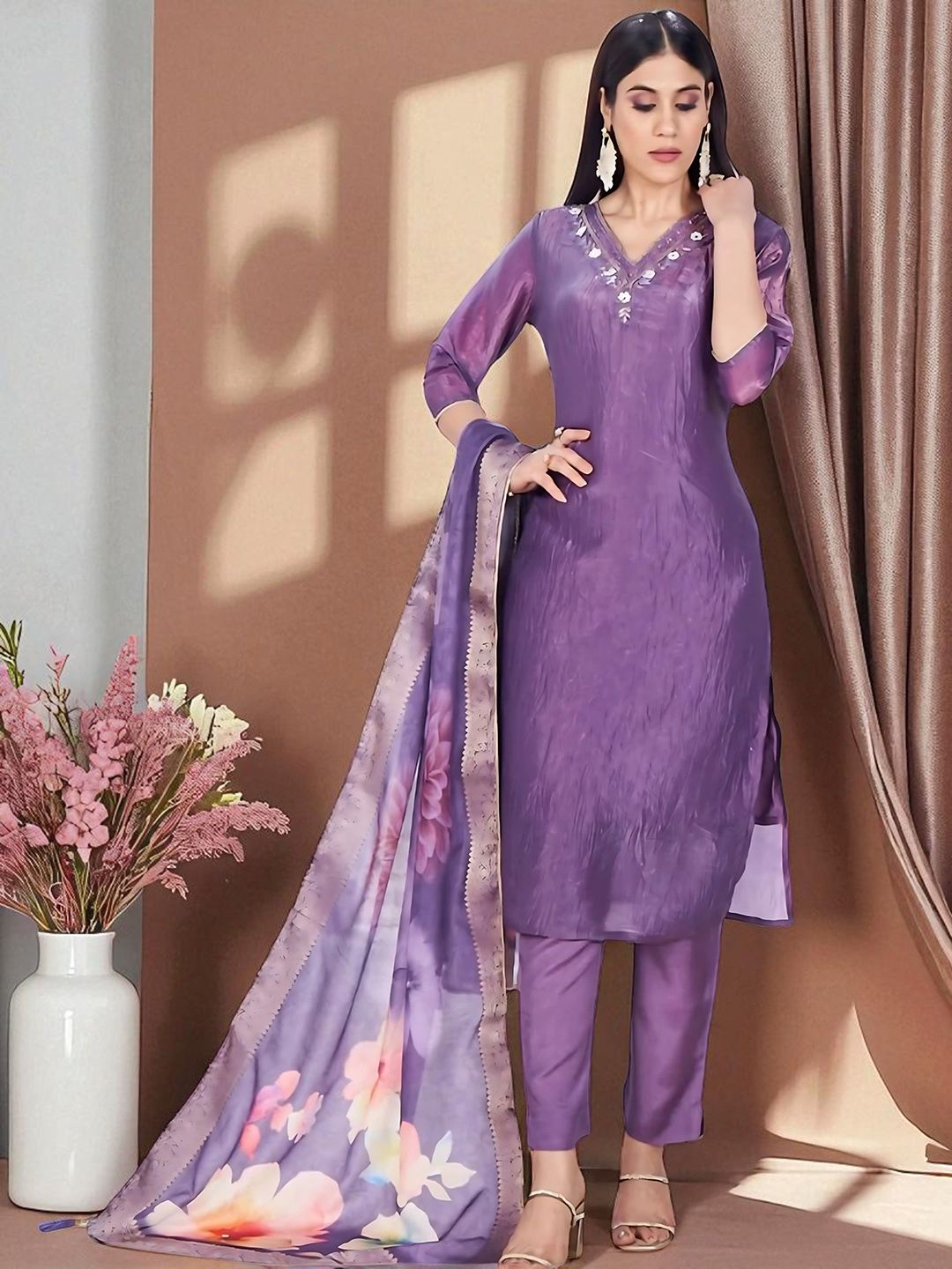 Sangria Women Floral Solid Kurta with Churidar & Dupatta