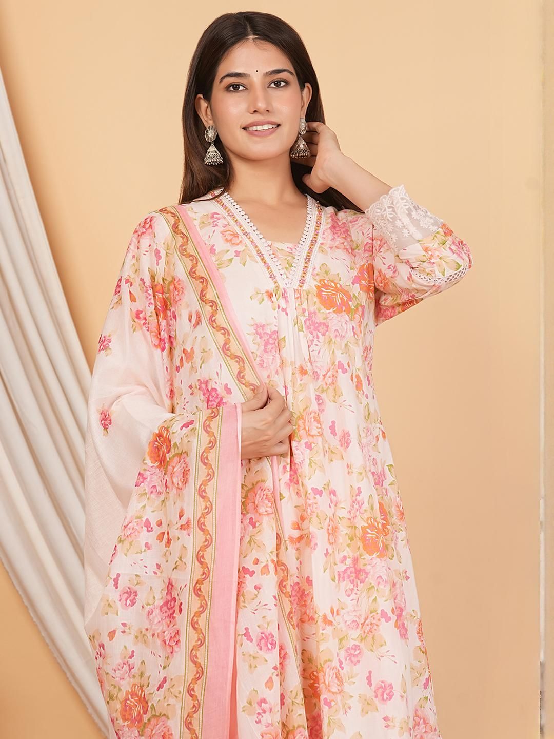 MANDAKINI Women Printed Regular Pure Cotton Kurta with Palazzos & With Dupatta
