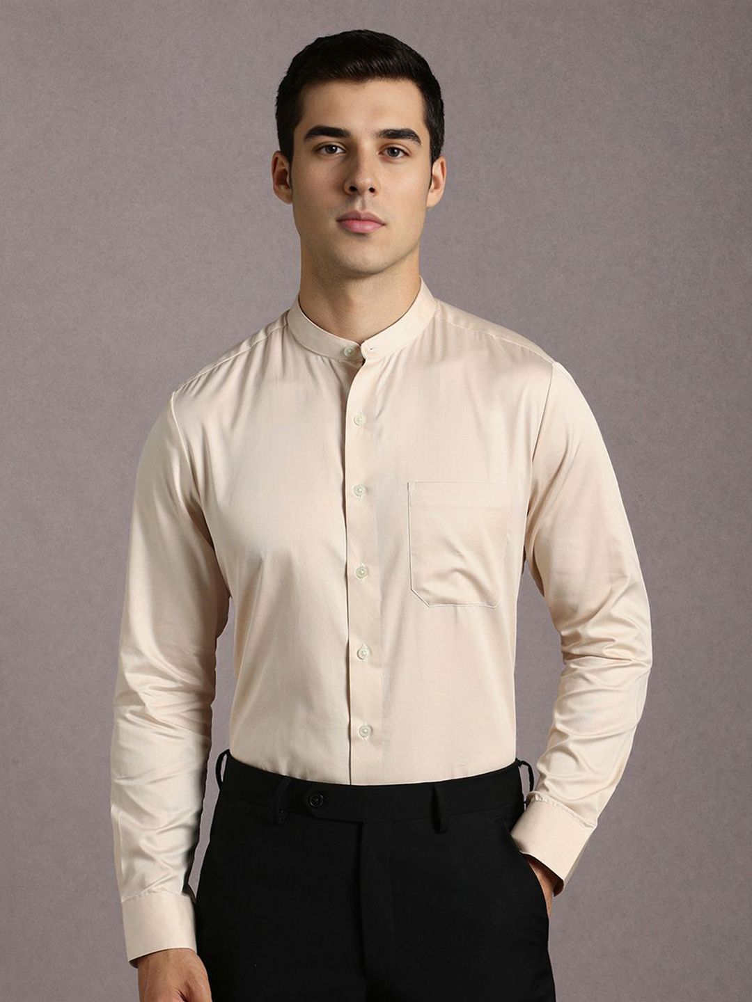 Louis Philippe Men Solid Band Collar Pure Cotton Formal Shirt-picture-16