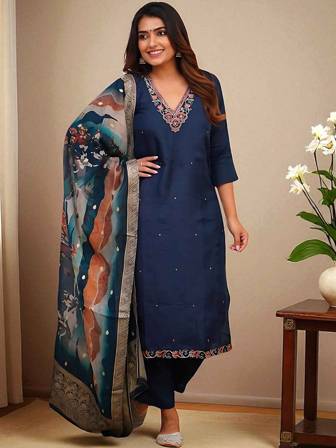 Sangria Floral Embroidered Thread Work V Neck Straight Kurta With Trouser And Dupatta