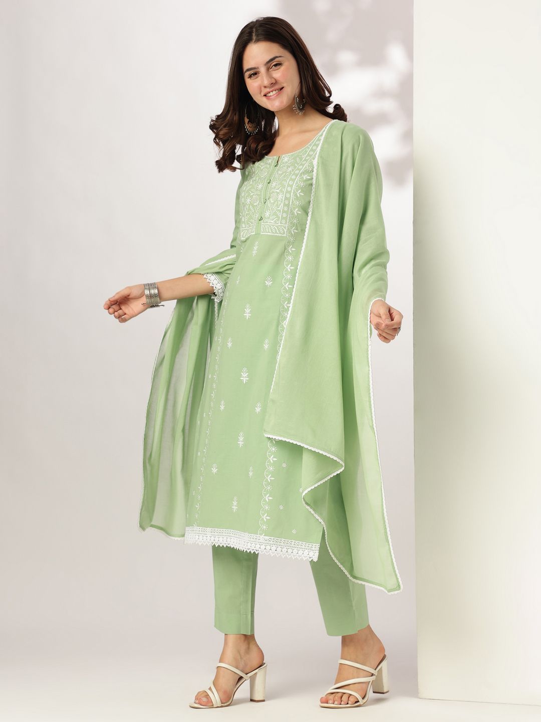 Janasya Women Ethnic Motifs Embroidered Pure Cotton Kurta with Trouser & Dupatta