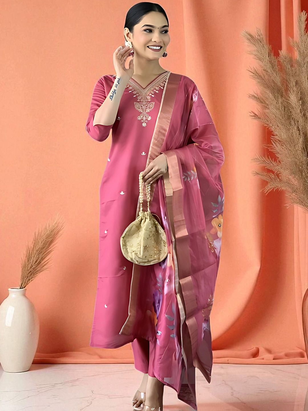 Sangria Women Embroidered Pure Cotton Straight Kurta With Pyjama & Dupatta