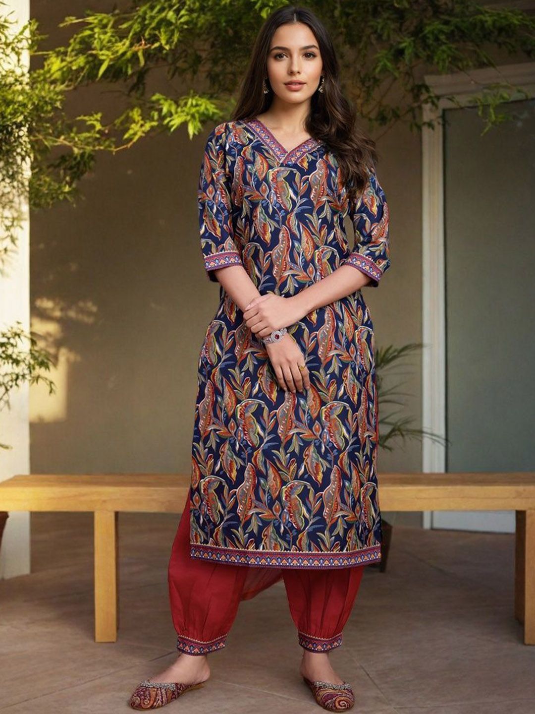 SZN Floral Printed V-Neck Straight Kurta With Salwar