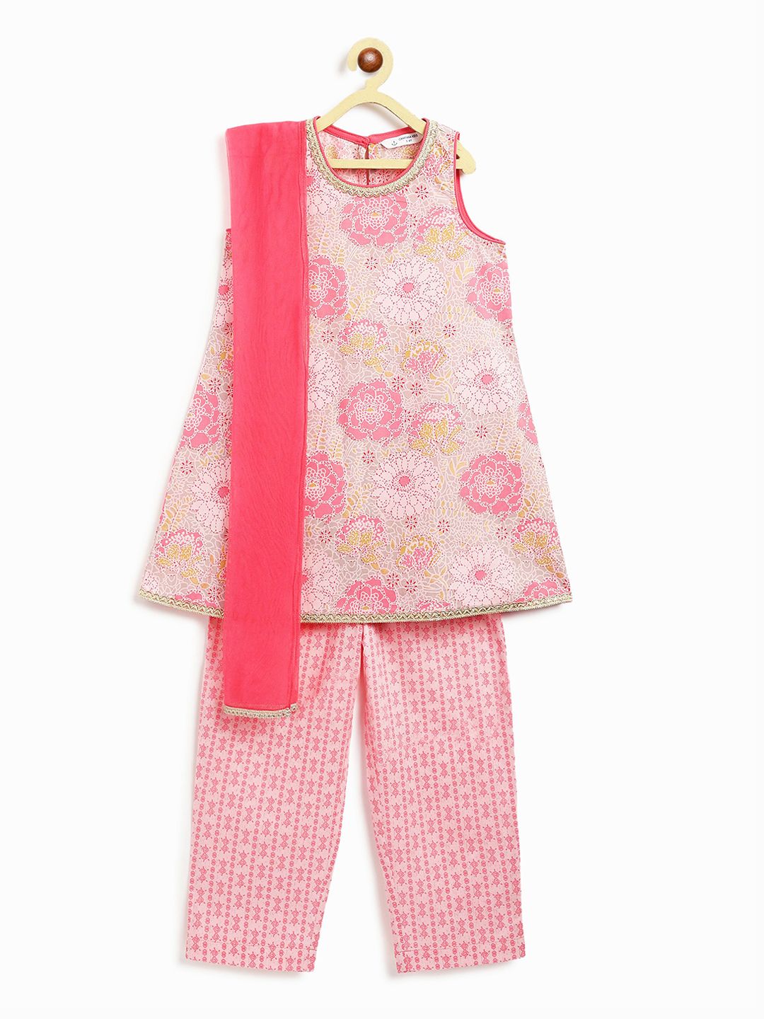 Campana Girls Printed Round Neck Zari Pure Cotton A-Line Kurta With Trousers & Dupatta-picture-37