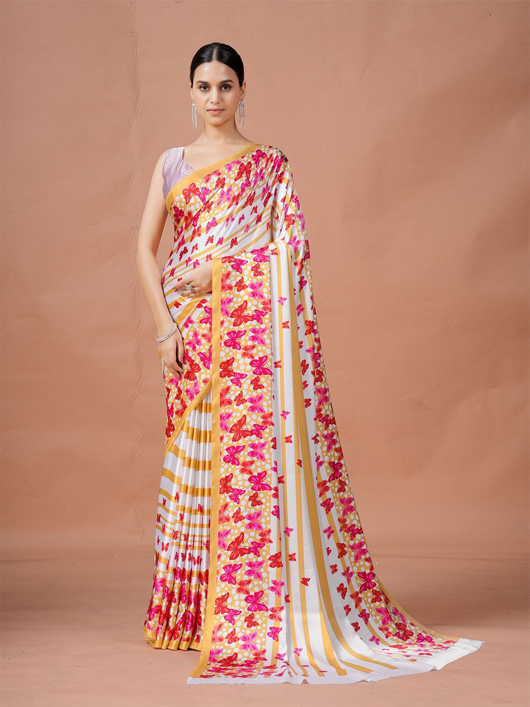 Garden Vareli Butterfly Printed Satin Saree With Blouse Piece-picture-27