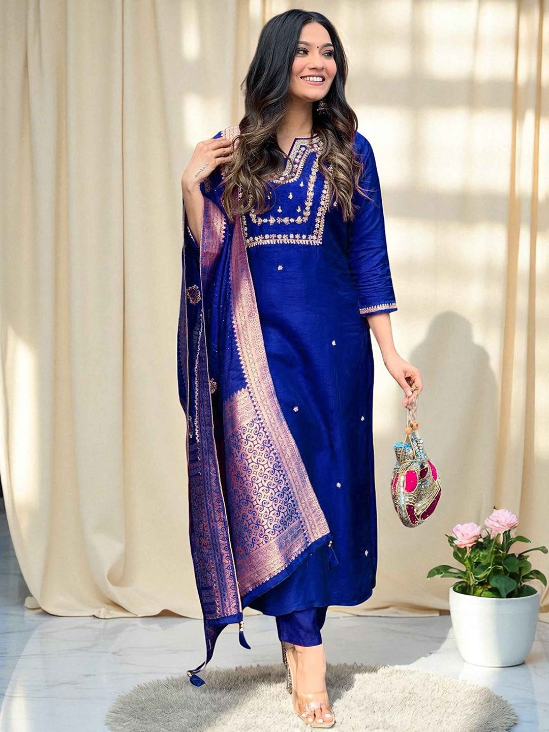 Sangria Women Embroidered Pure Cotton Straight Kurta Trousers & Dupatta