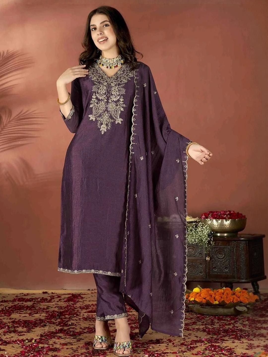 CaniBani Women Ethnic Motifs Embroidered Regular Kurta with Trousers & Dupatta