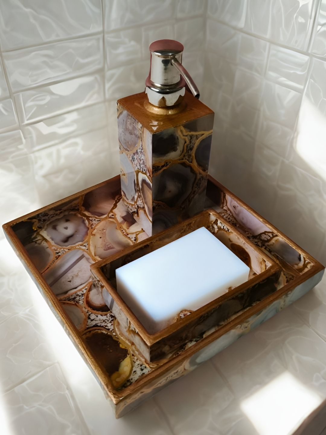 THE HOME CO. Grey & Brown 3 Pieces Abstract Wooden Matte Bath Accessories Sets-picture-14