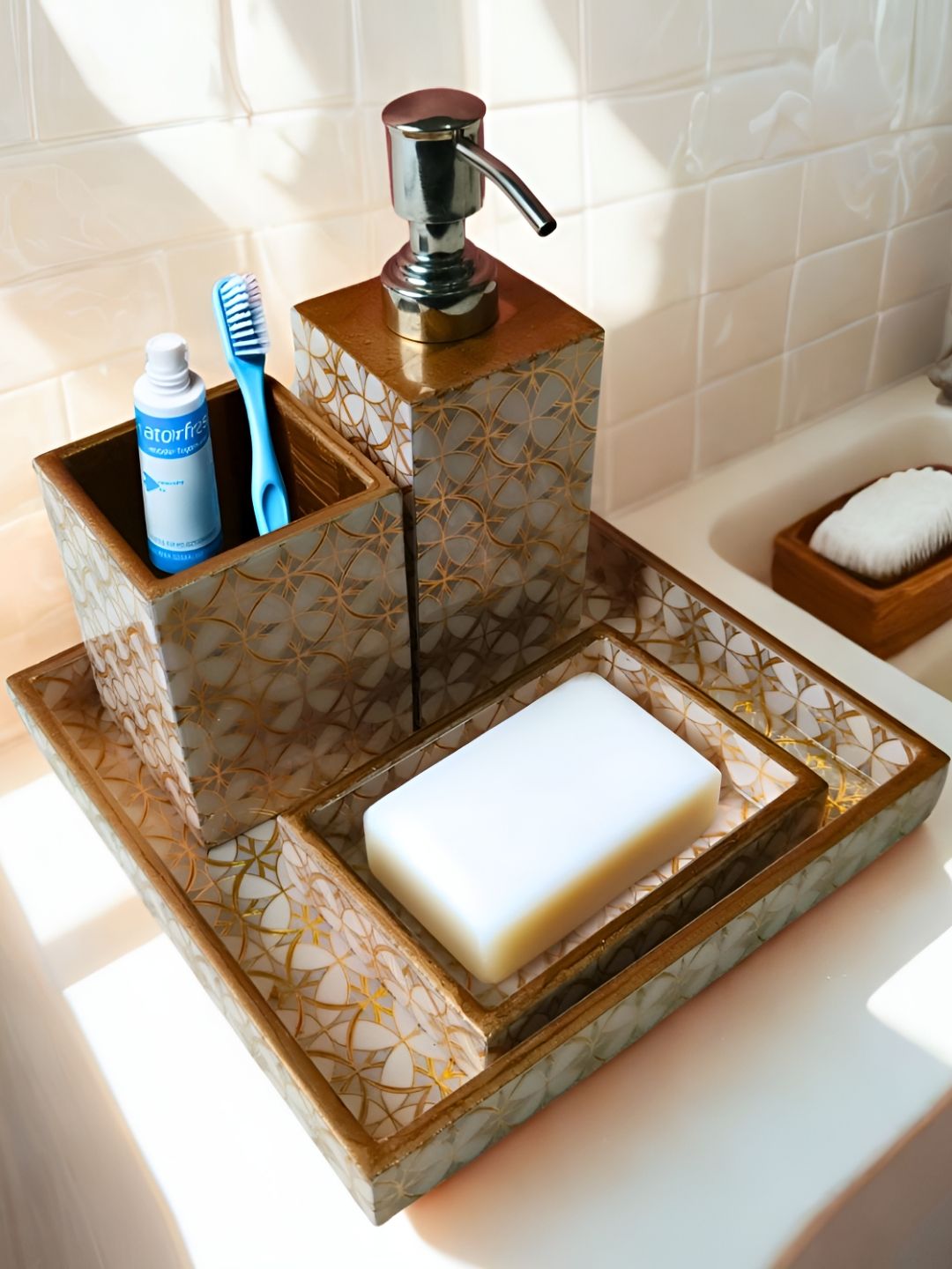 THE HOME CO. Brown & White 4 Pieces Floral Wooden Matte Bath Accessories Sets-image-46