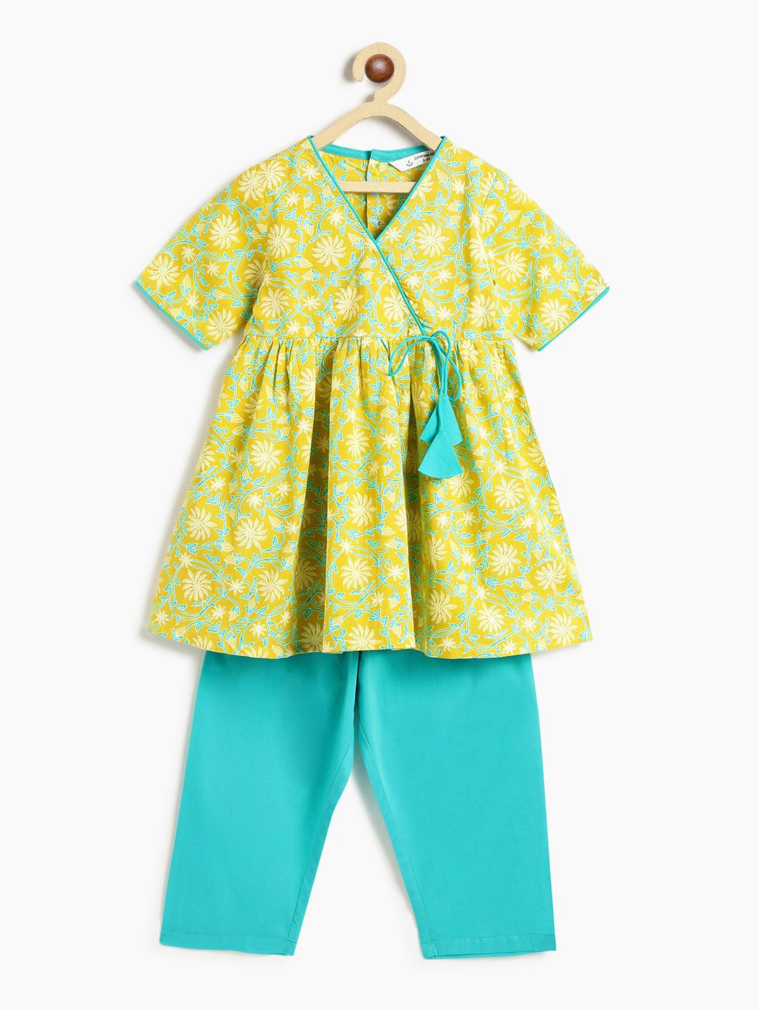 Campana Girls Floral Printed Angrakha Pure Cotton Kurta with Trousers-picture-17