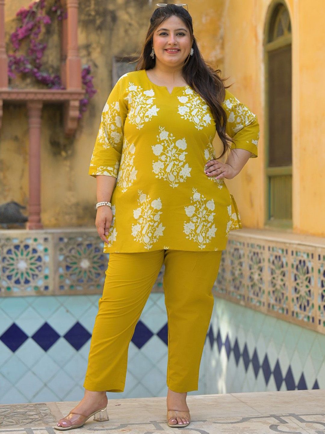 Lee Moda Printed Pure Cotton V-Neck Three Fourth Sleeves Tunic With Trouser Co-Ords-picture-11