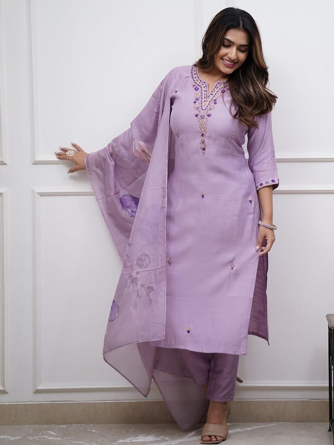 URMIR FASHION Women Lavender Embroidered Regular Kurta with Trousers & With Dupatta