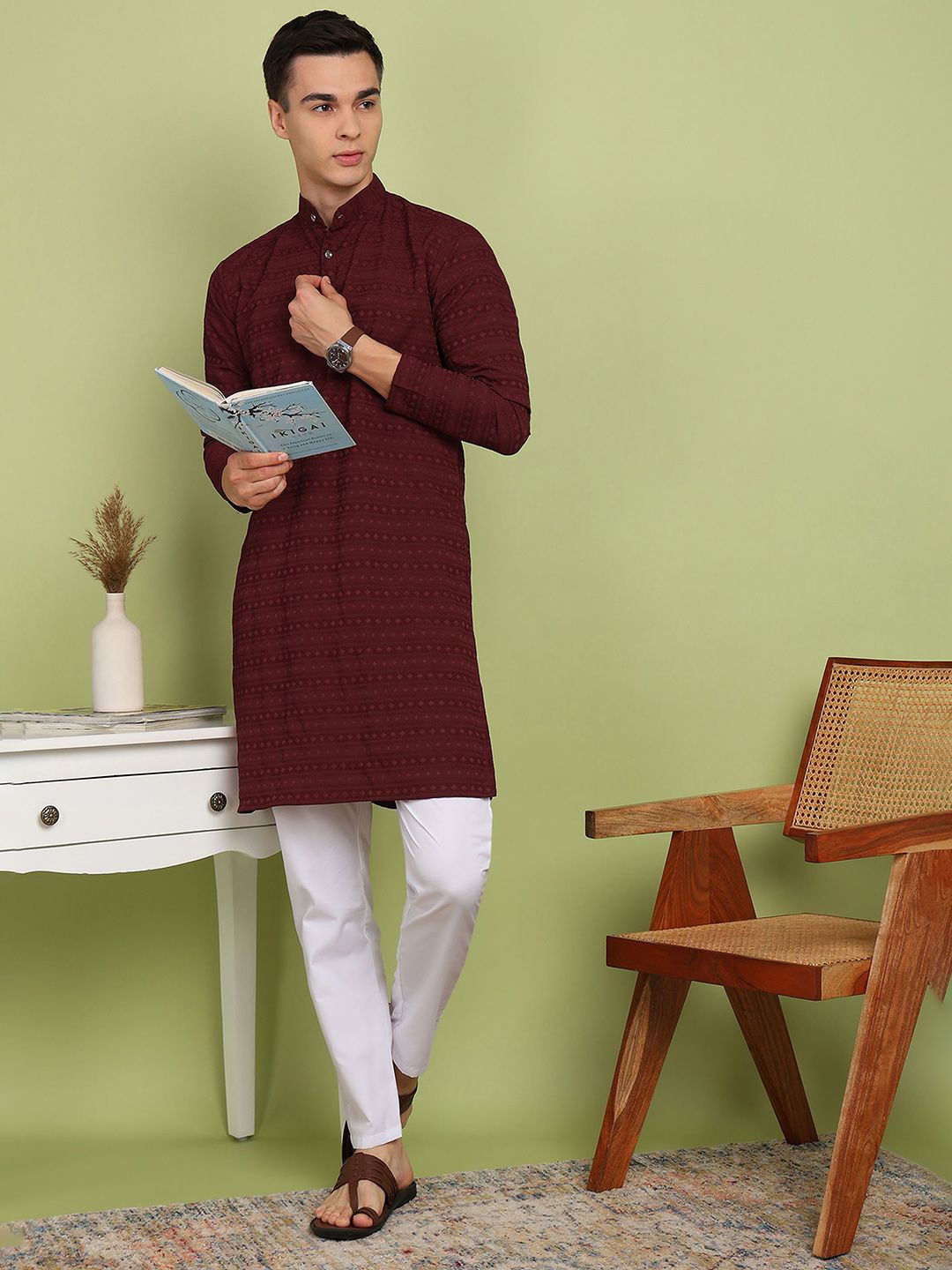 FUBAR Geometric Woven Design Band Collar Straight Kurta-picture-42