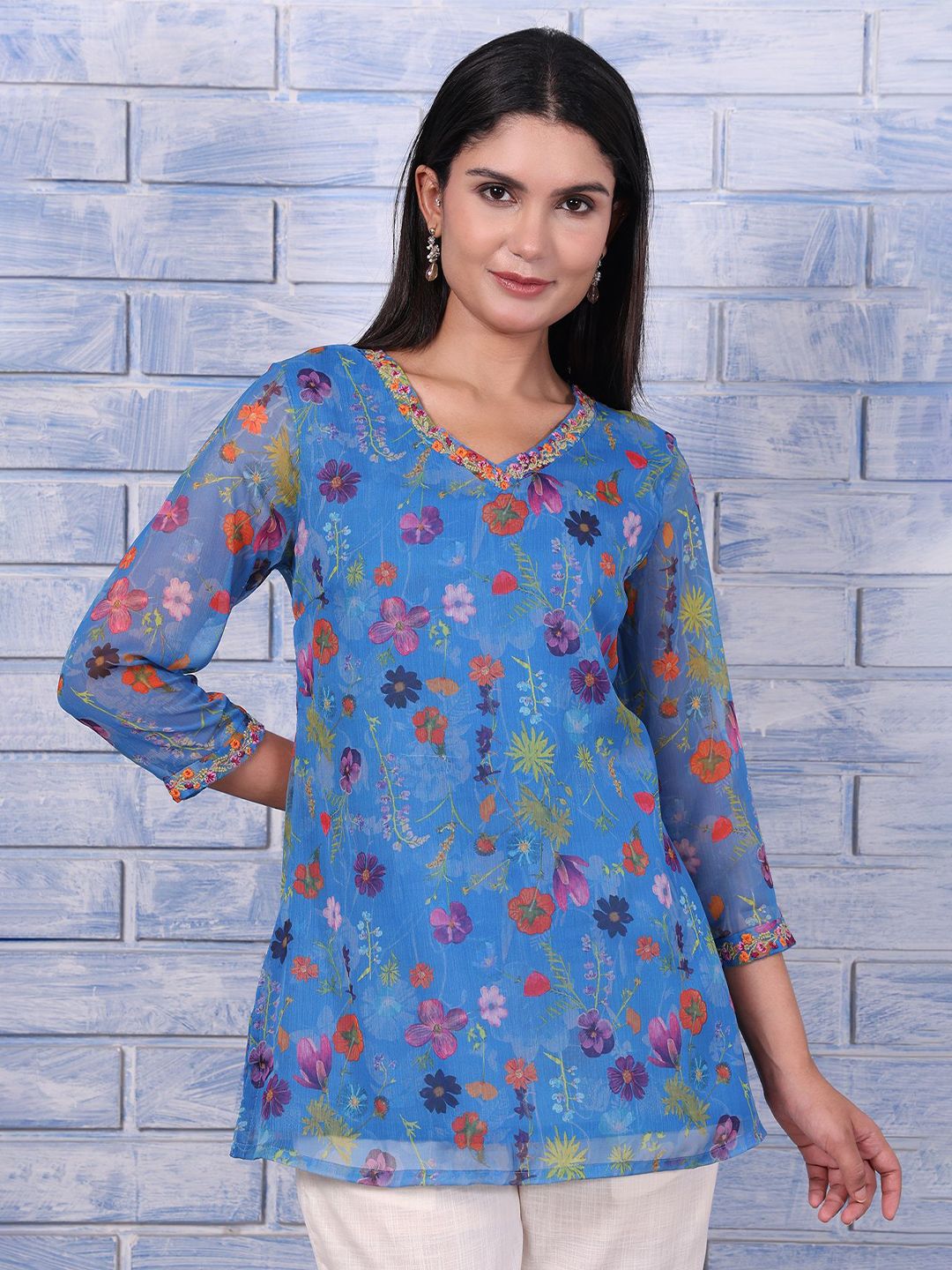 W Women Floral Printed Thread Embroidered Layered Detail Pure Cotton Top-picture-12