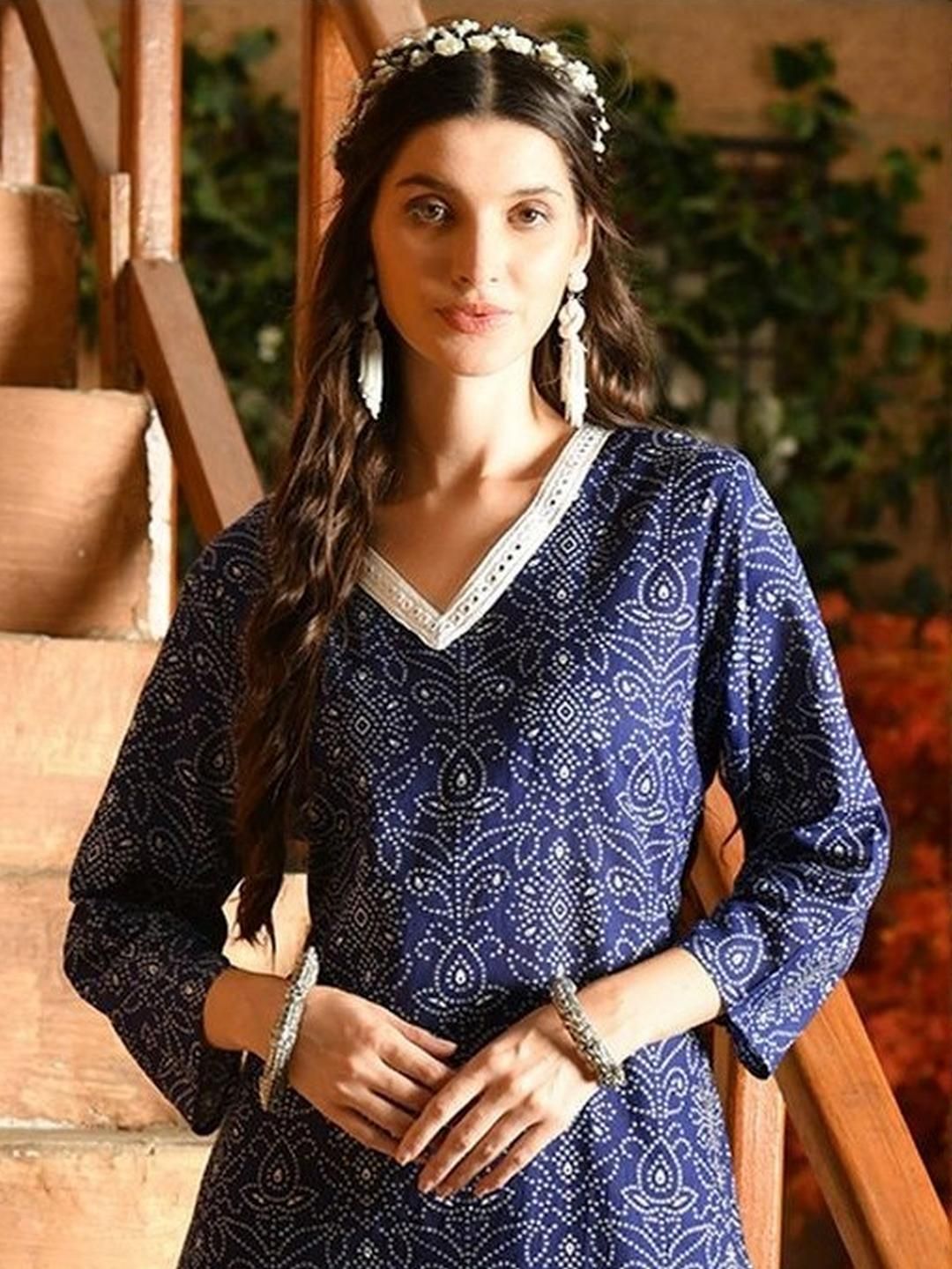 KJFAB Women Bandhani Blue Printed Regular Pure Cotton Kurta with Patiala