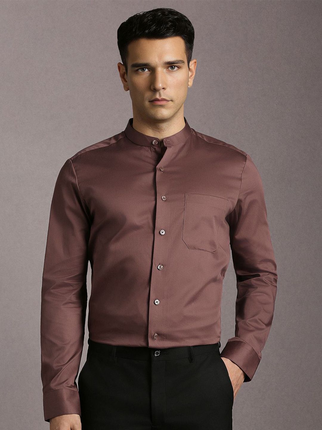 Louis Philippe Men Solid Band Collar Pure Cotton Formal Shirt-picture-20