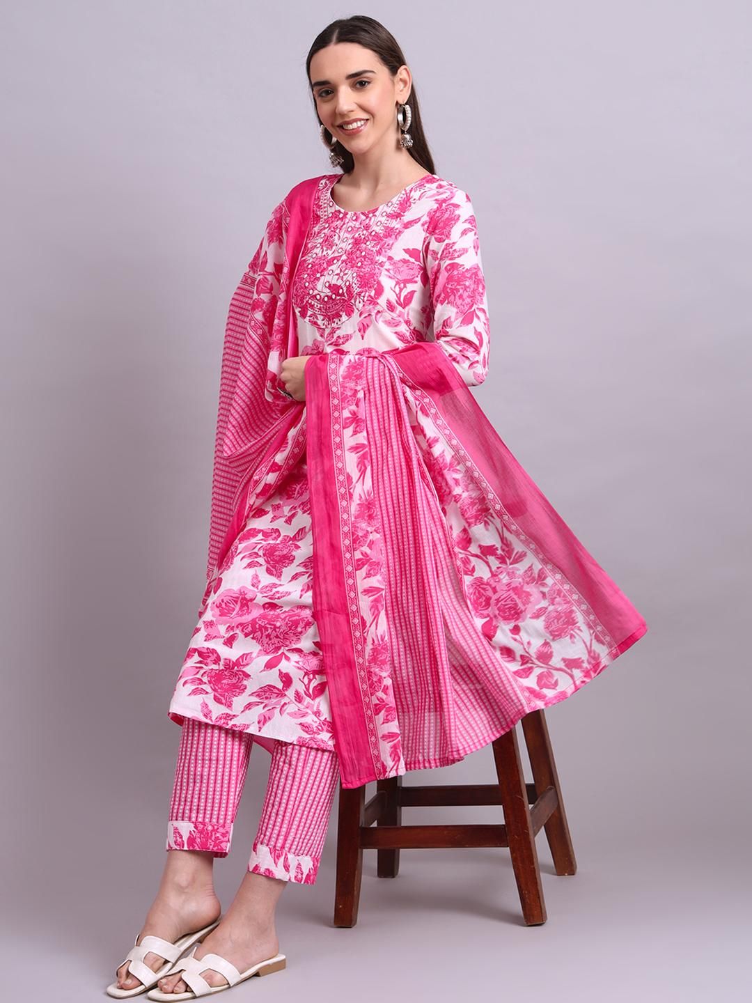 Angkor Women Pink Floral Printed Pure Cotton Kurta with Trousers & With Dupatta