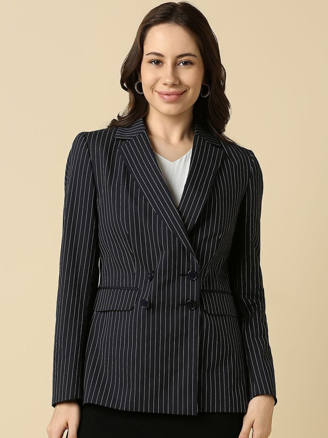 Allen Solly Woman Striped Double Breasted Formal Blazer-picture-38