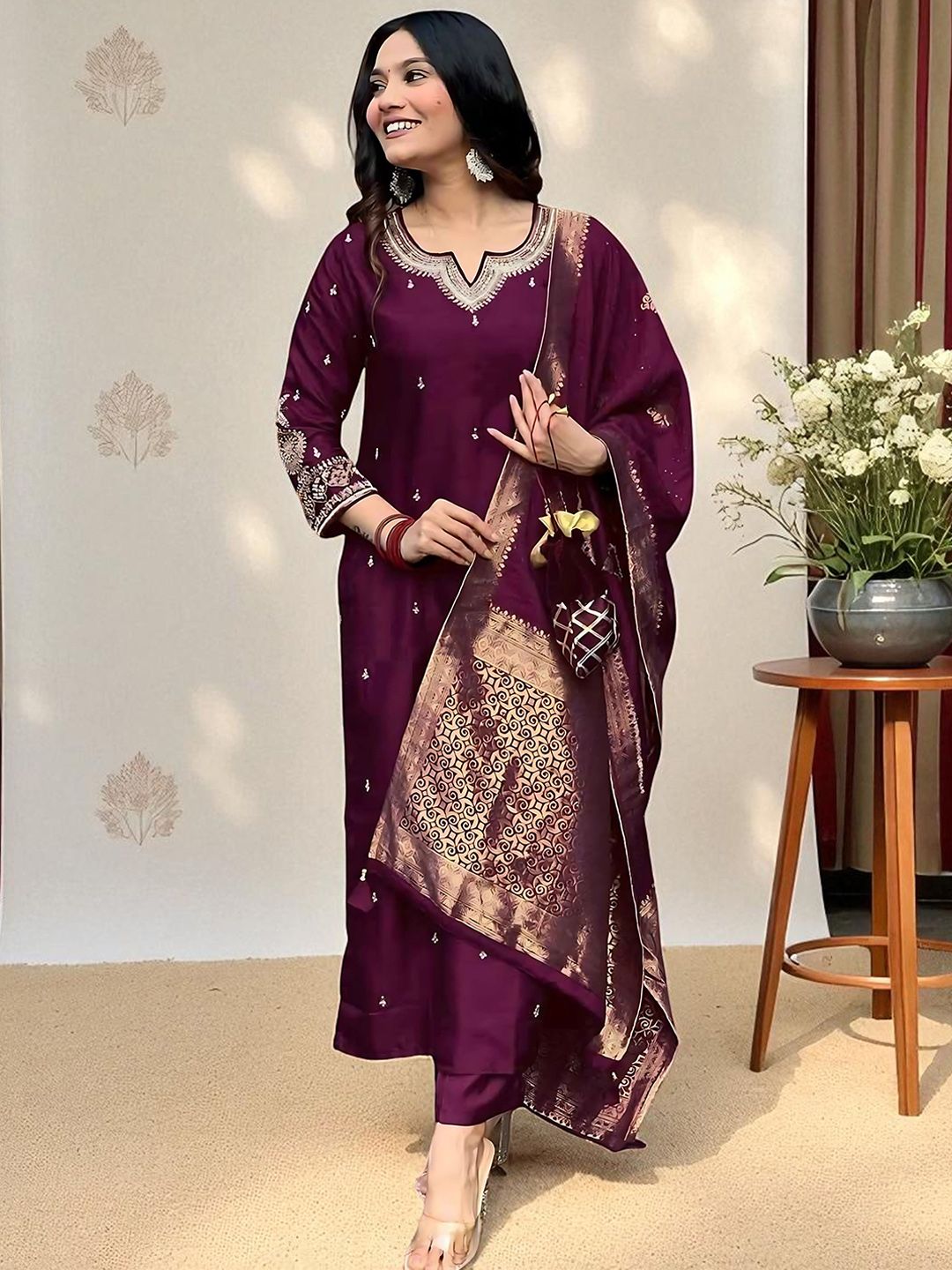 Sangria Women Ethnic Motifs Embroidered Sequinned Straight Kurta & Pyjamas With Dupatta